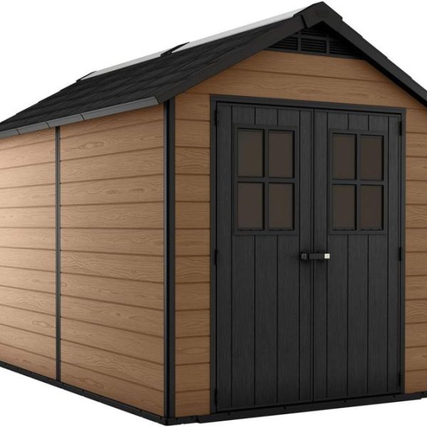 Keter Newton 7.5x11 Large Resin Outdoor Storage Shed Kit – Perfect to Store Patio Furniture, Garden Tools, Bike Accessories, and Lawn Mower, Mahogany Brown